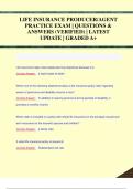 LIFE INSURANCE PRODUCER&sol;AGENT  PRACTICE EXAM &vert; QUESTIONS &  ANSWERS &lpar;VERIFIED&rpar; &vert; LATEST  UPDATE &vert; GRADED A&plus;
