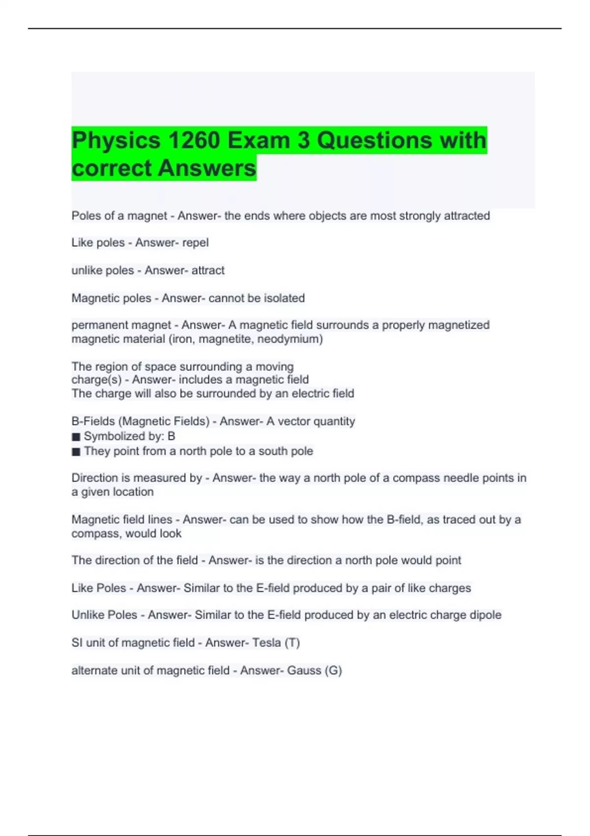 Physics 1260 Exam 3 Questions with correct Answers 2024 - Physics 1260 ...