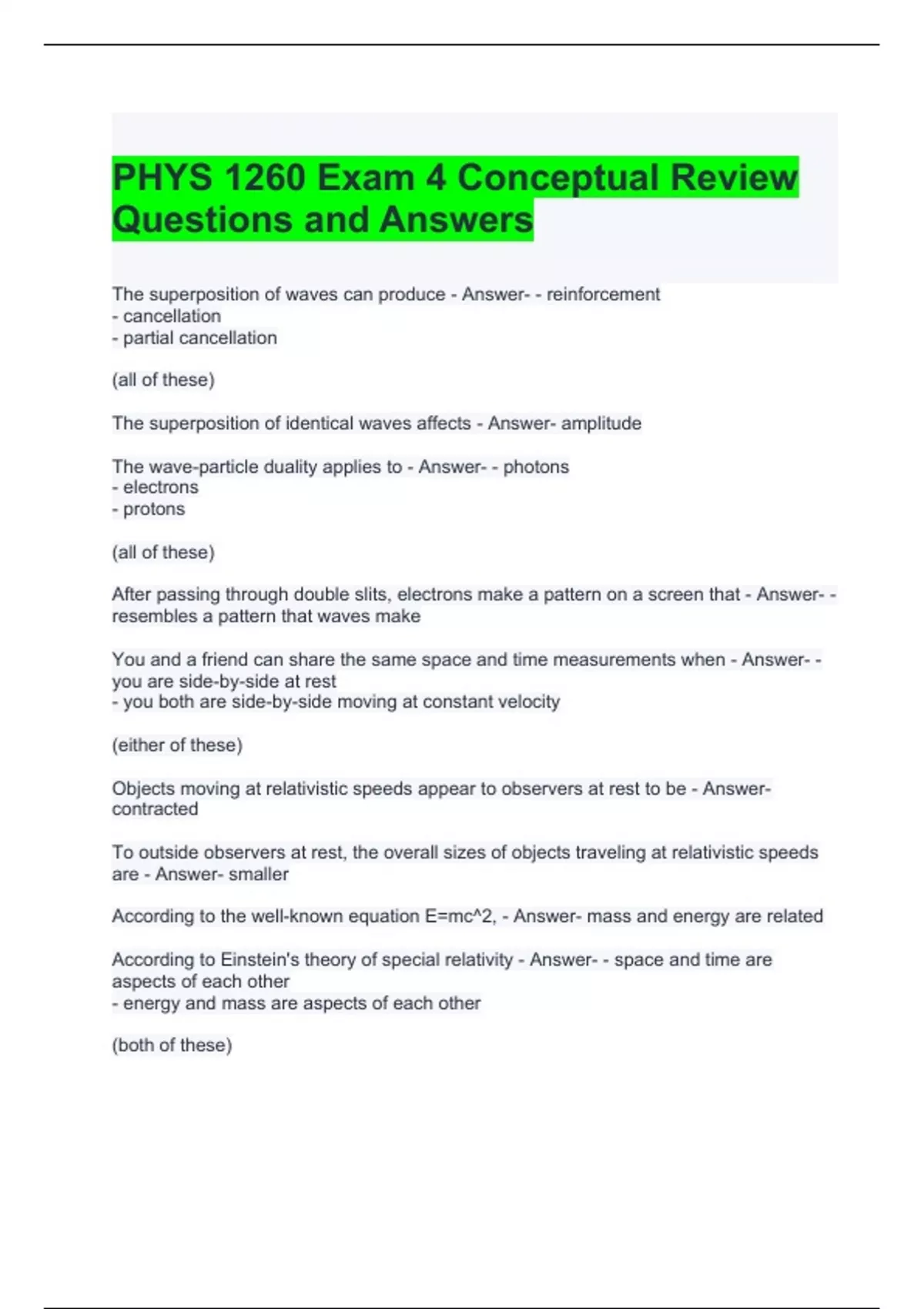 PHYS 1260 Exam 4 Conceptual Review Questions and Answers - Physics 1260 ...