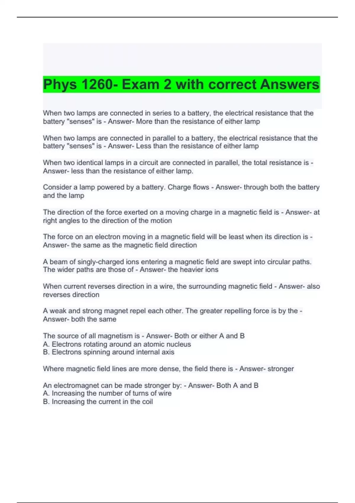 Phys 1260- Exam 2 with correct Answers 2024 - Physics 1260 - Stuvia US