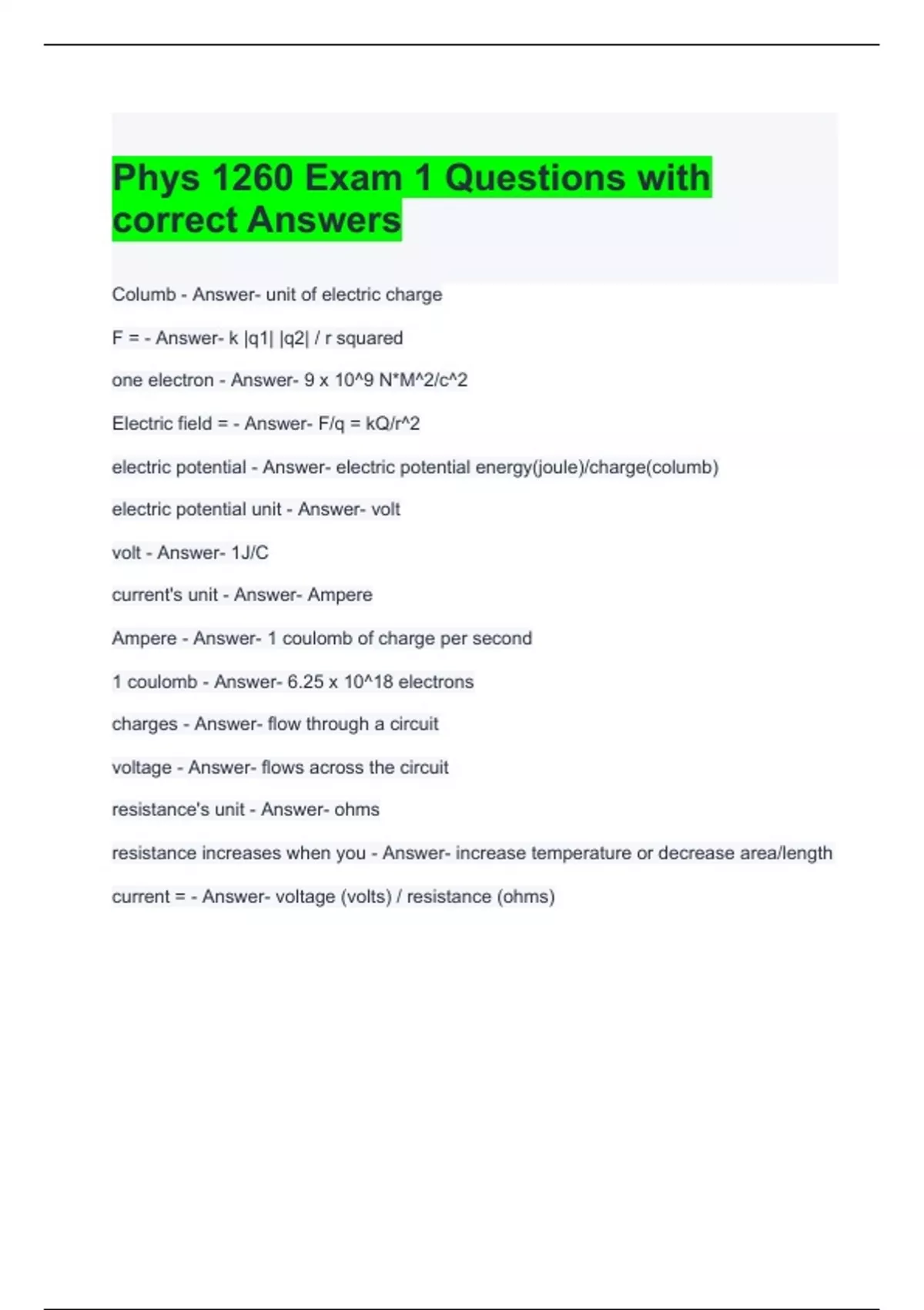 Phys 1260 Exam 1 Questions with correct Answers - Physics 1260 - Stuvia US