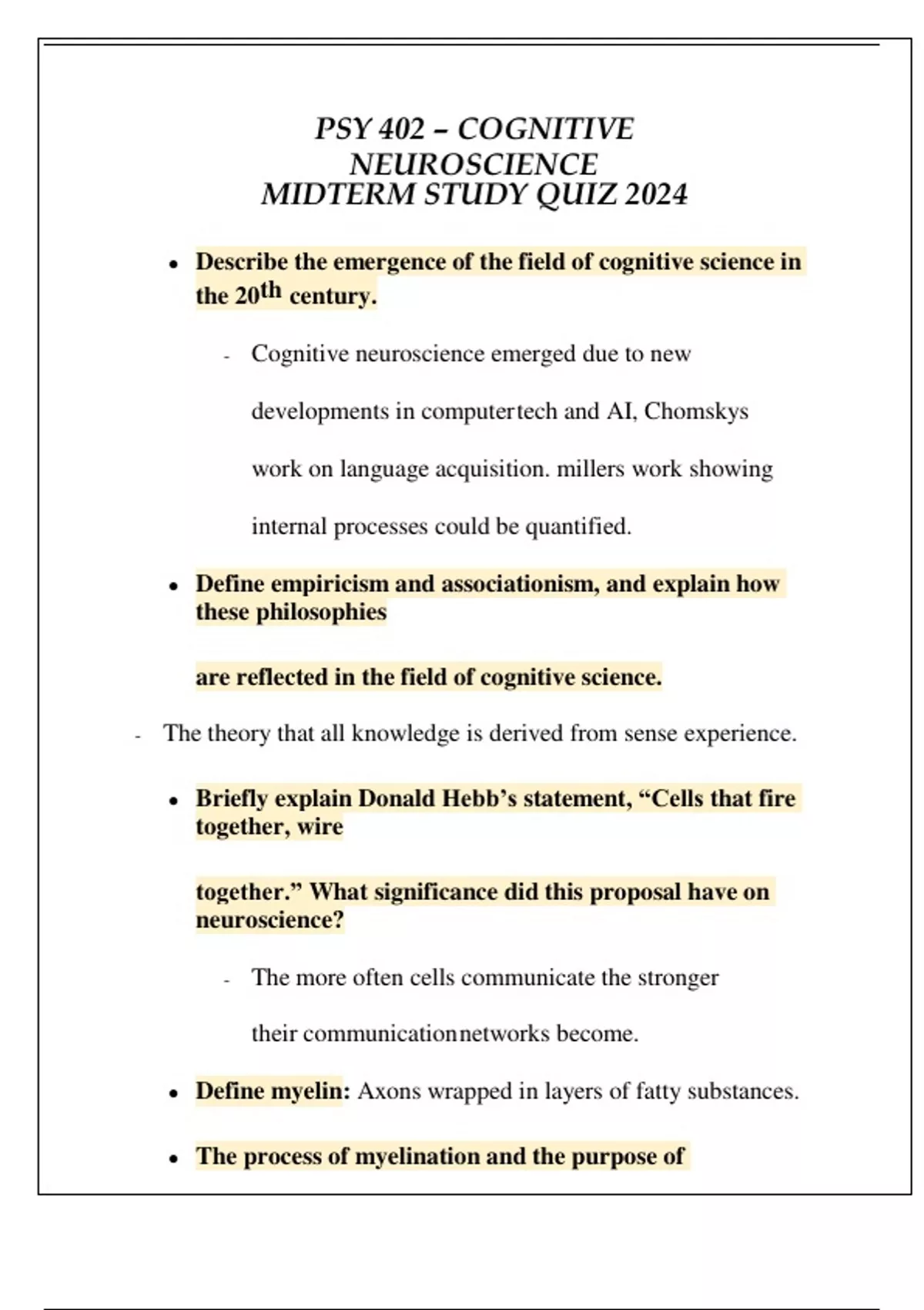 PSY 402 COGNITIVE NEUROSCIENCE MIDTERM STUDY QUIZ 2024 - Bsn Nursing ...