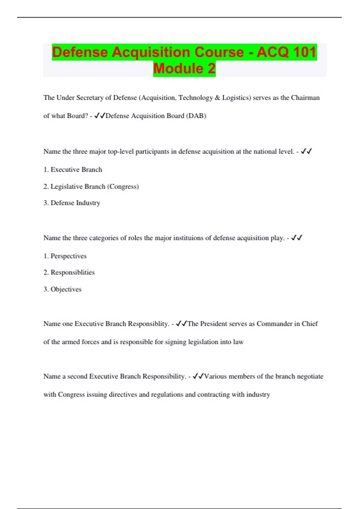 Defense Acquisition Course - ACQ 101 Module 2 | Questions with 100% ...