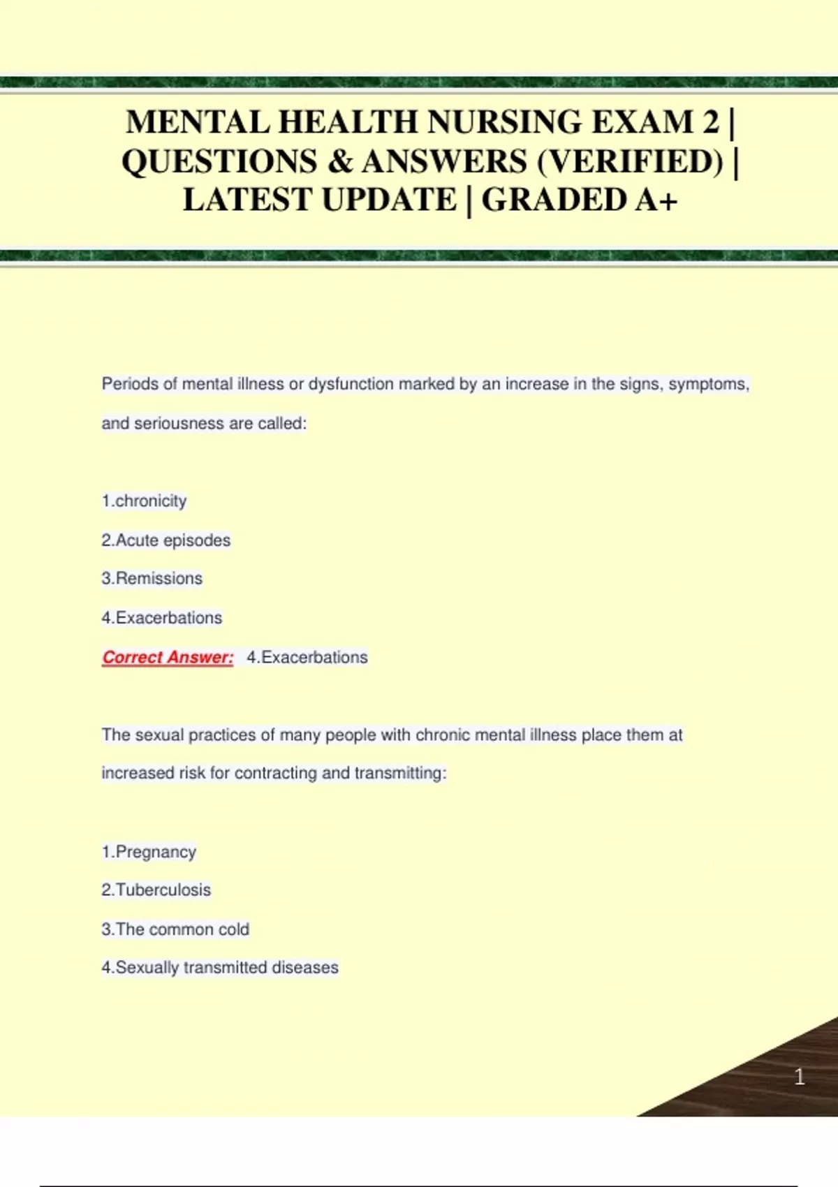 MENTAL HEALTH NURSING EXAM 2 | QUESTIONS & ANSWERS (VERIFIED) | LATEST ...