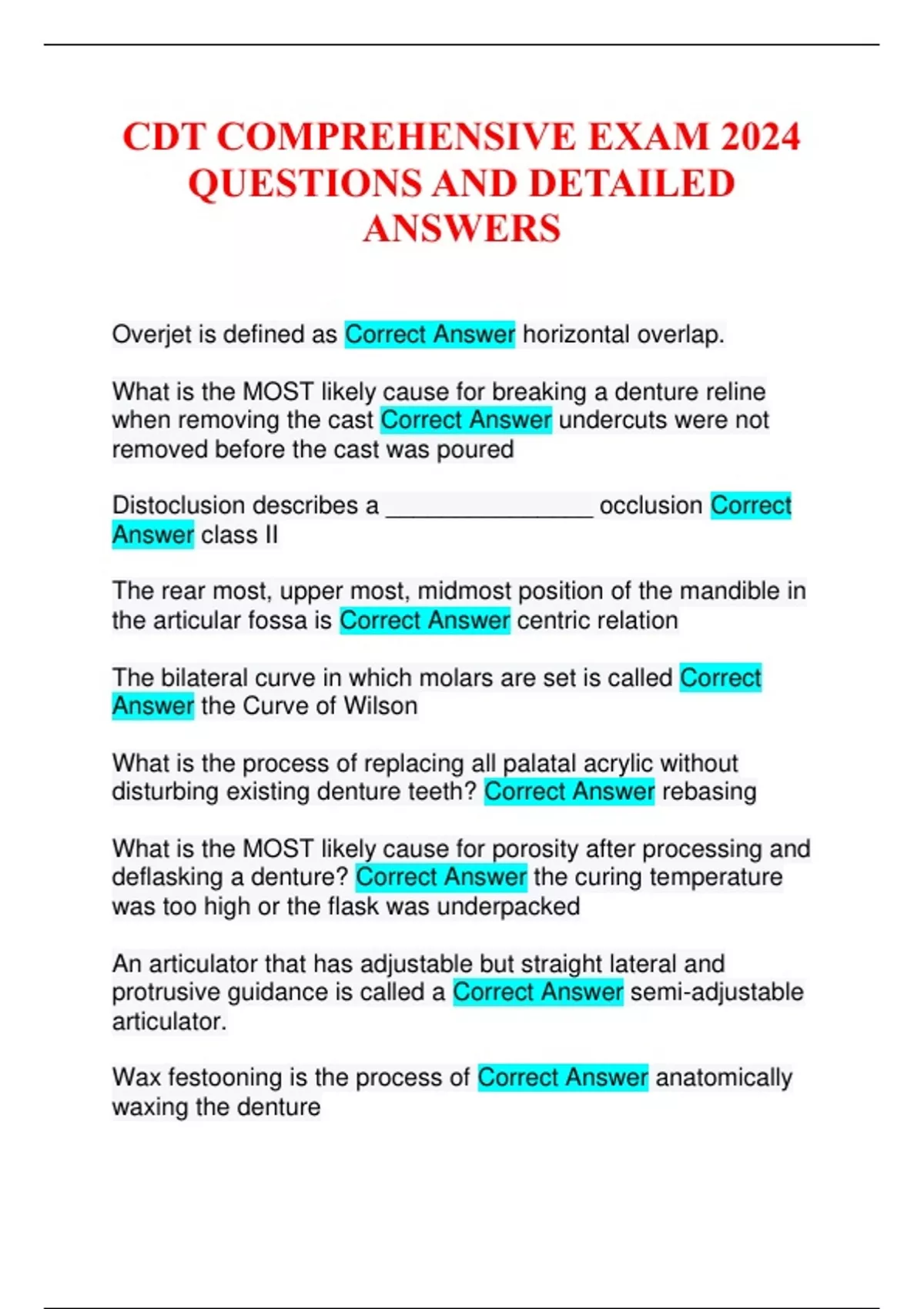 CDT COMPREHENSIVE EXAM 2024 QUESTIONS AND DETAILED ANSWERS CDT