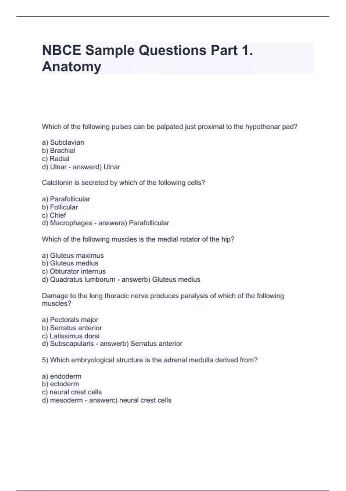 NBCE Sample Questions Part 1. Anatomy Questions with correct Answers ...