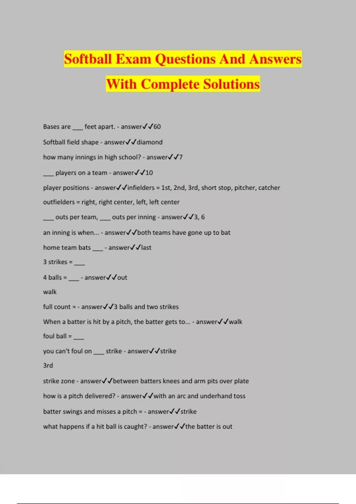 Package deal for Softball Exam Questions and Answers with Complete