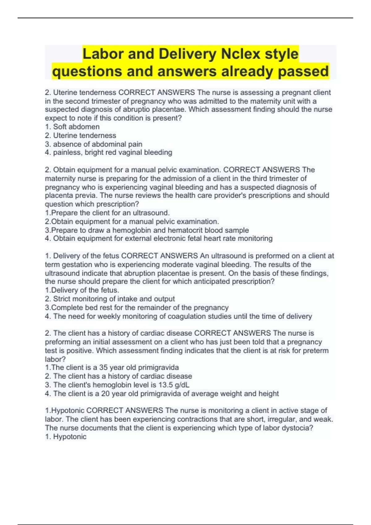 Labor and Delivery Nclex style questions and answers already passed ...