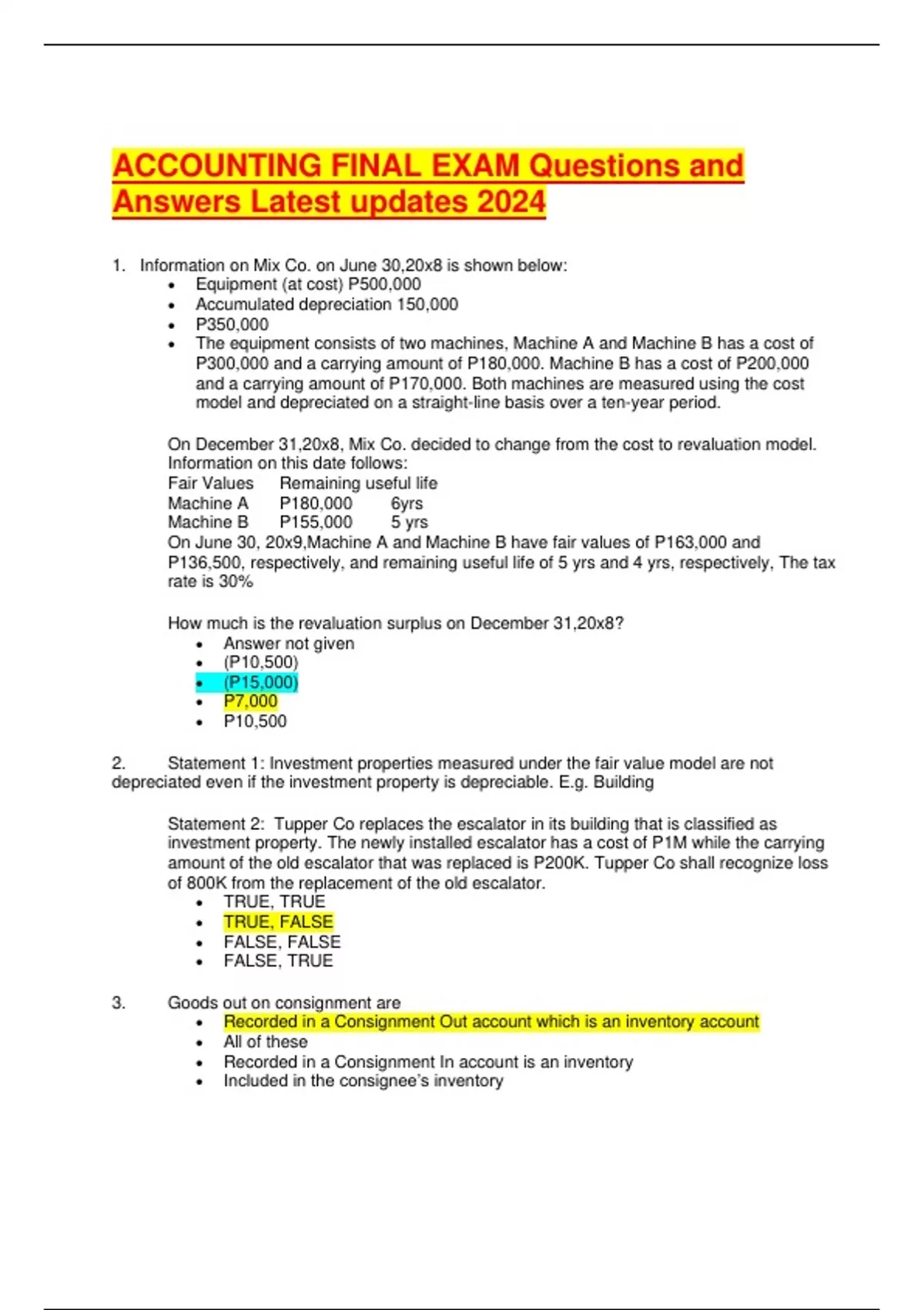 Accounting Final Exam Questions and Answers Latest Updates 2024 ...