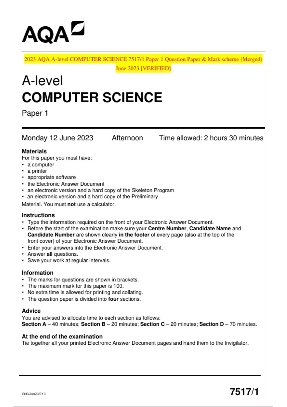 2023 AQA A-level COMPUTER SCIENCE 7517/1 Paper 1 Question Paper & Mark ...