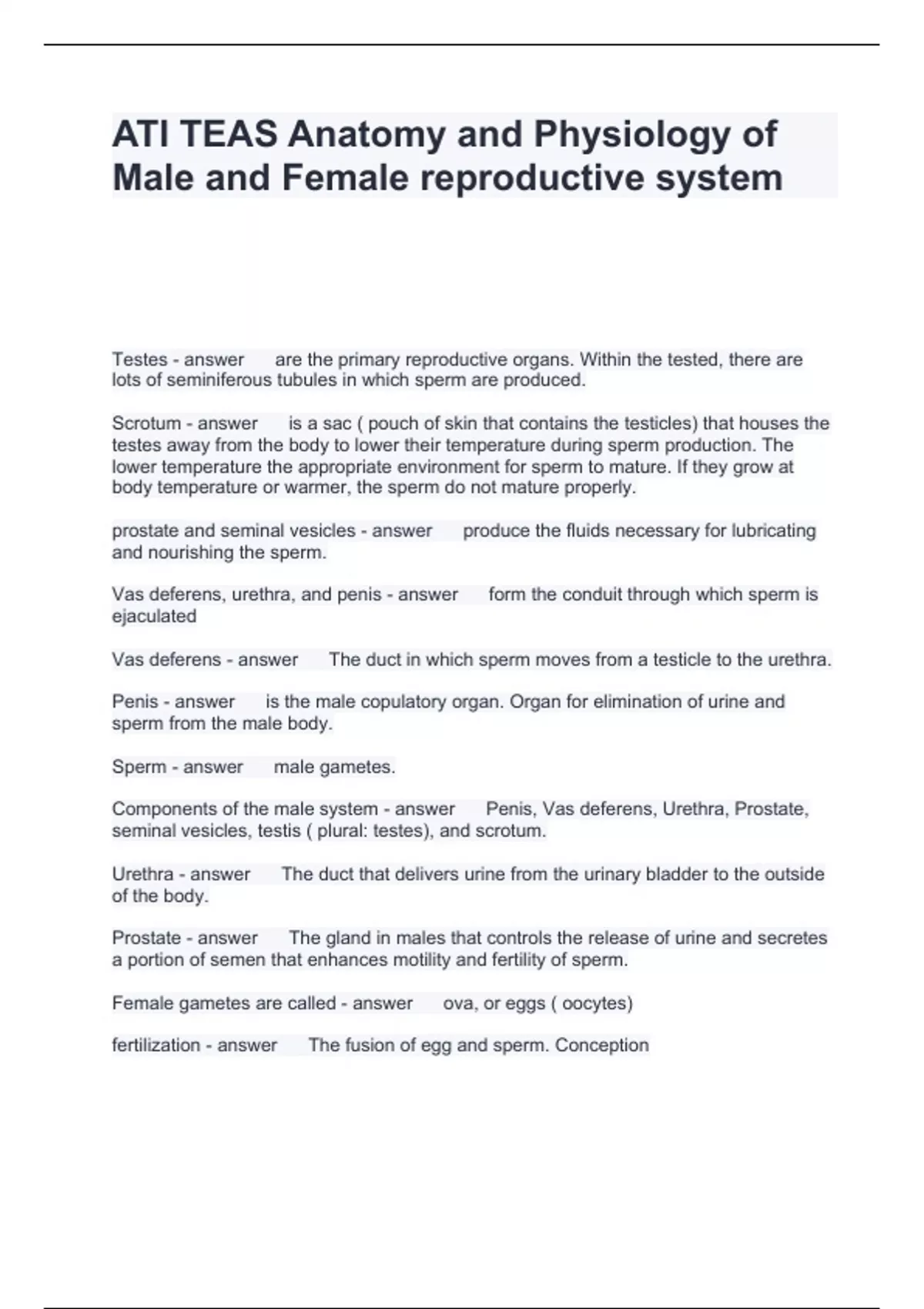 ATI TEAS Anatomy and Physiology of Male and Female reproductive system