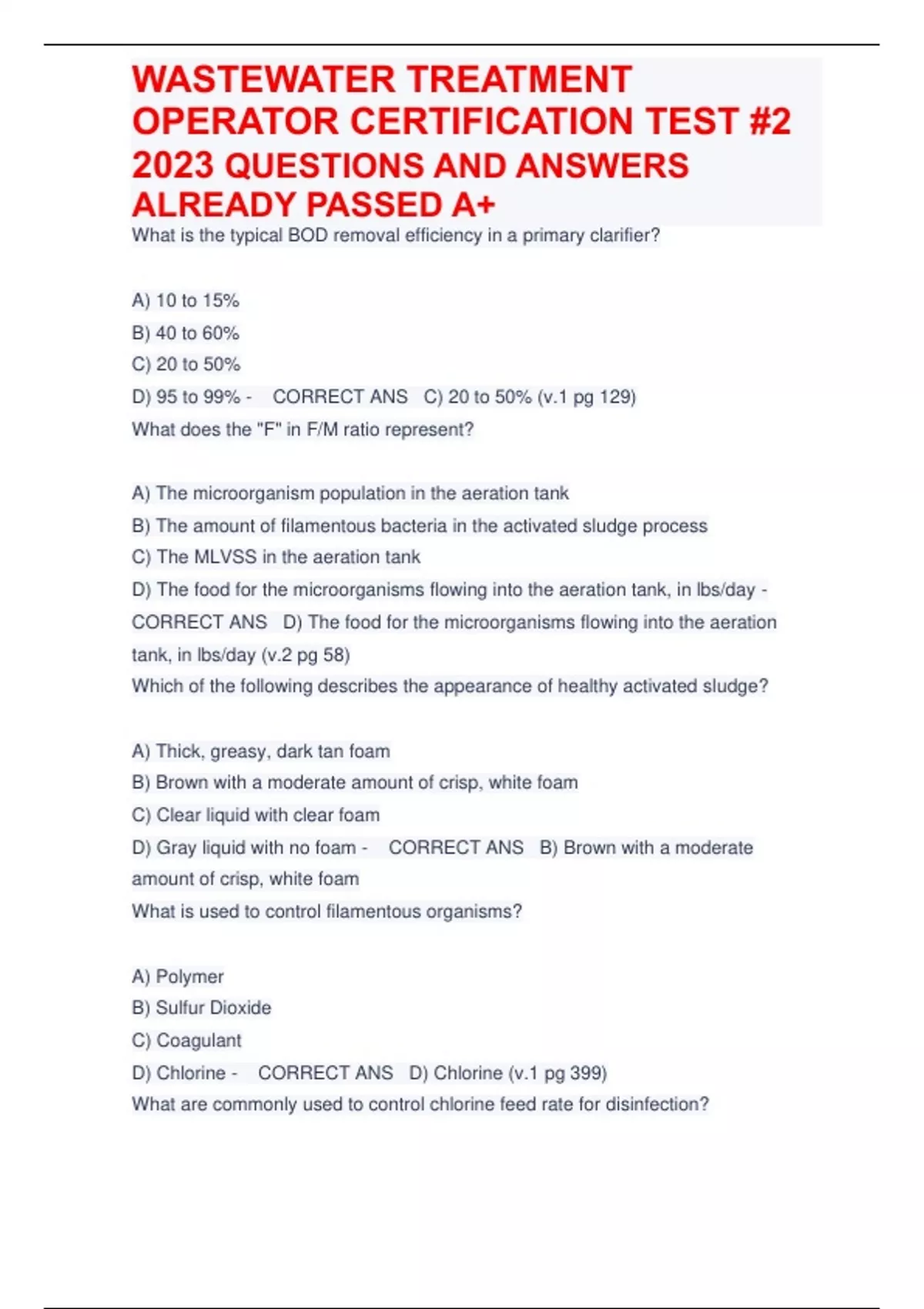 WASTEWATER TREATMENT OPERATOR CERTIFICATION TEST 2 2023 QUESTIONS AND