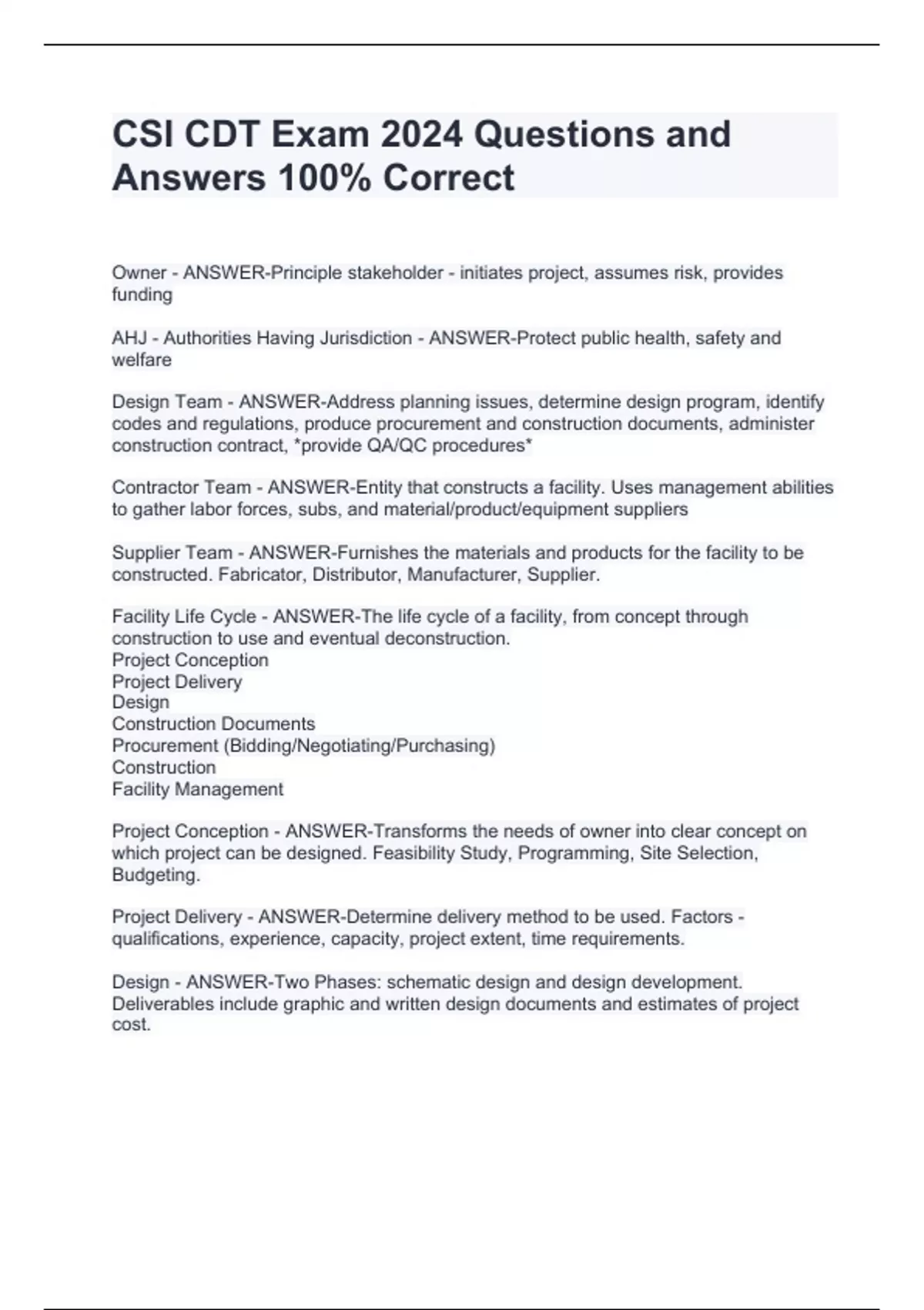 CSI CDT Exam 2024 Questions and Answers 100 Correct CSI CDT Stuvia US