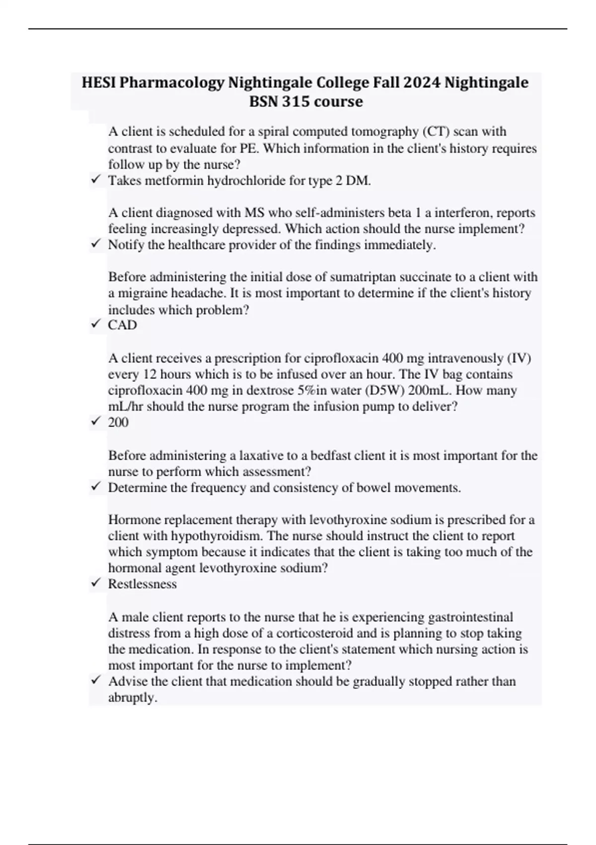 HESI Pharmacology Nightingale College Fall 2024 Nightingale BSN 315