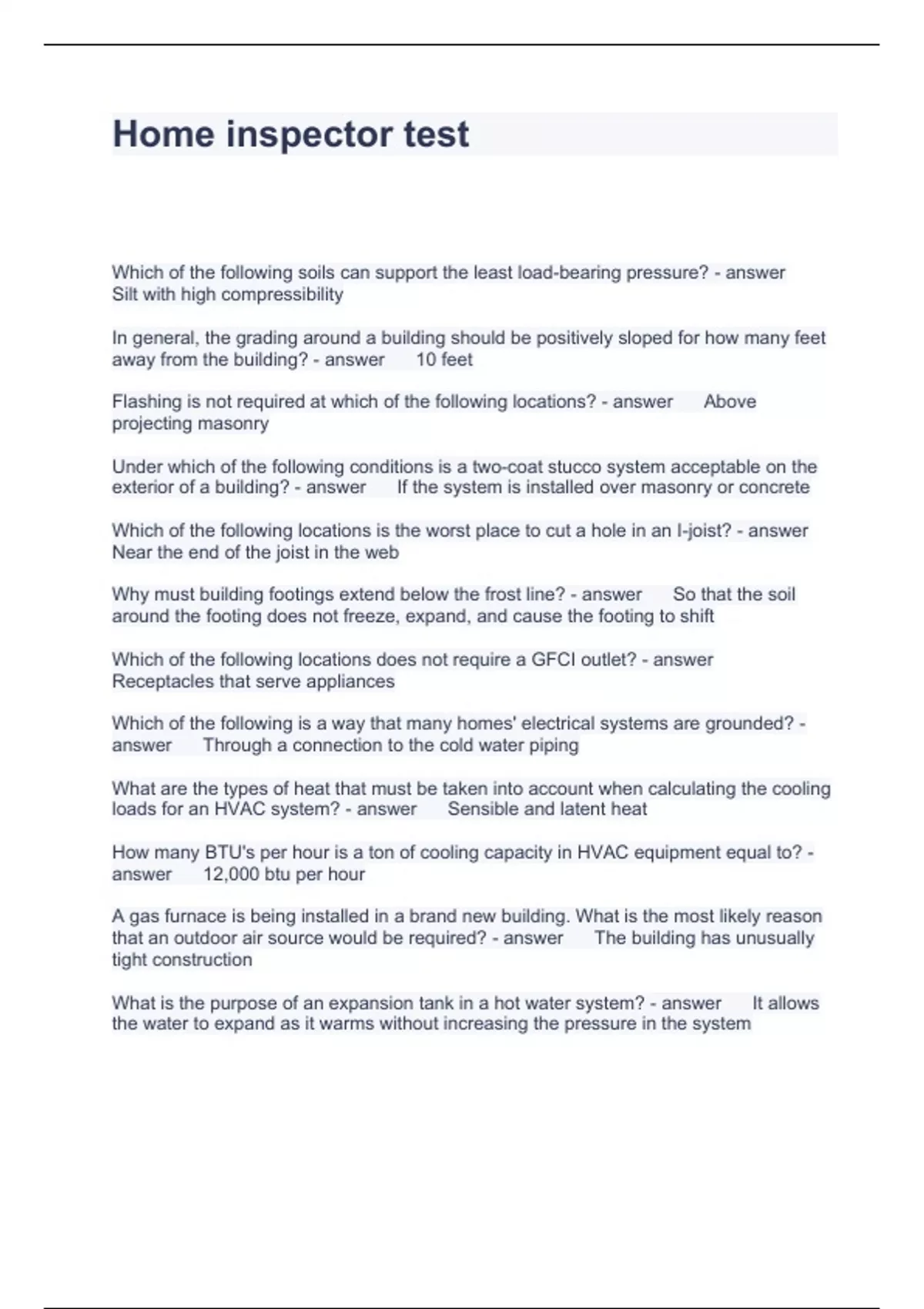 Home inspector test Questions with Accurate Answers 2024 Home