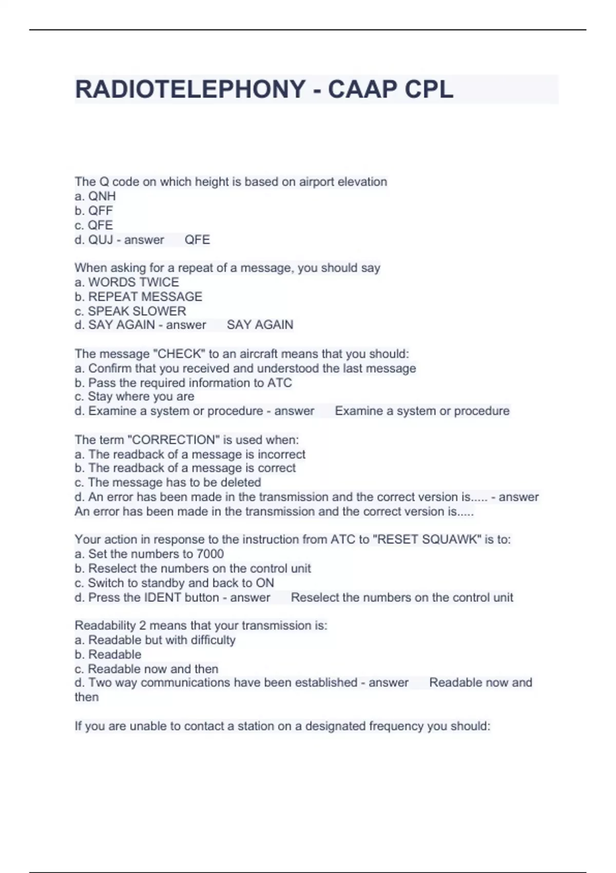 RADIOTELEPHONY CAAP CPL QUESTIONS WITH CORRECT ANSWERS 2024 CPL