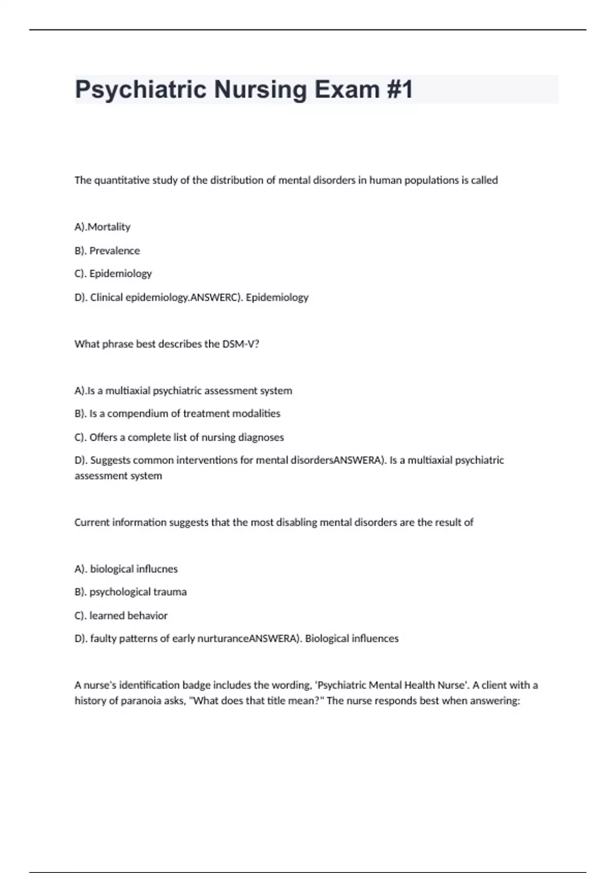 Psychiatric Nursing Exam #1 Questions with correct answers 2024 ...