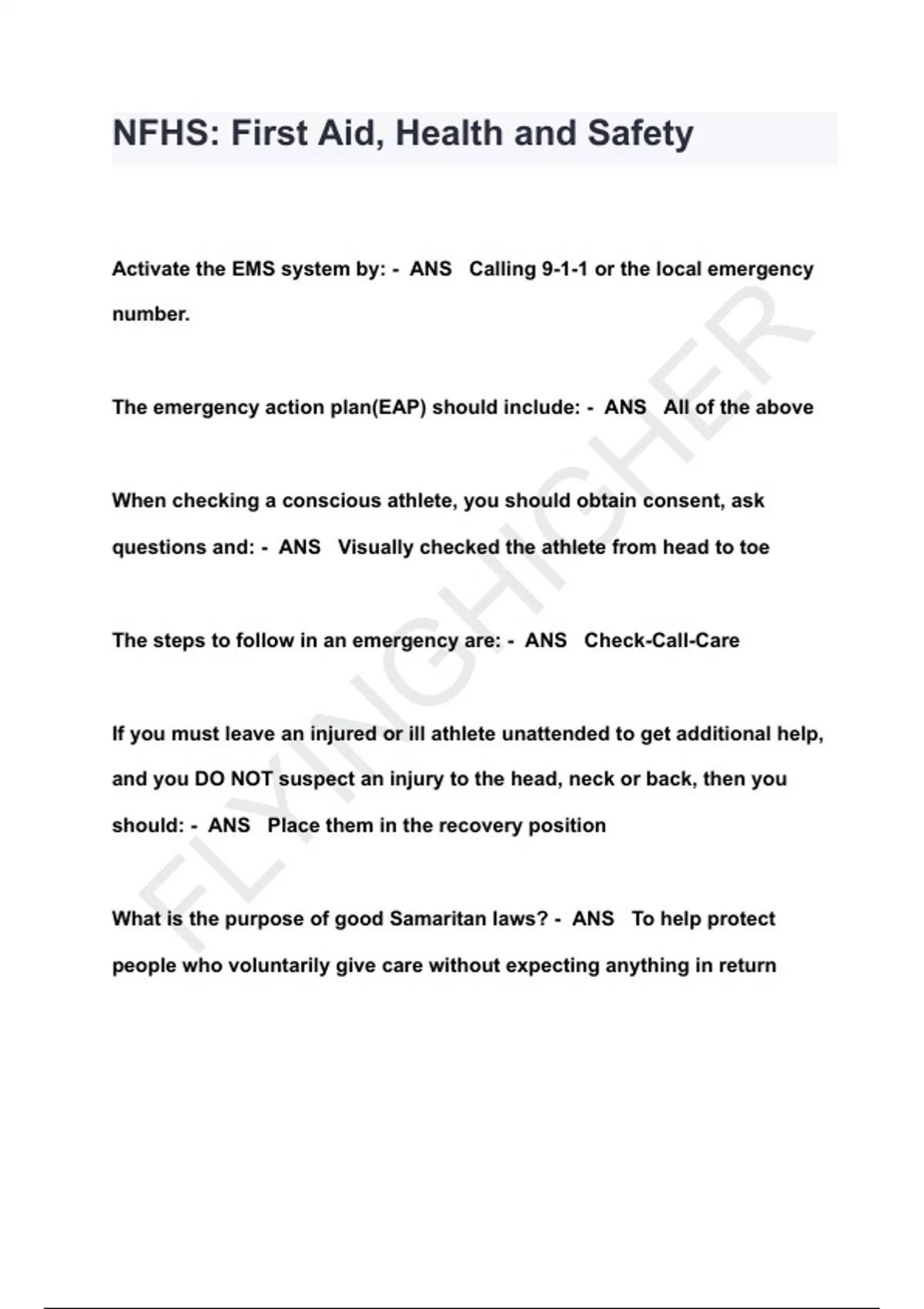 NFHS First Aid, Health and Safety QUESTIONS & ANSWERS 2024 ( A+ GRADED