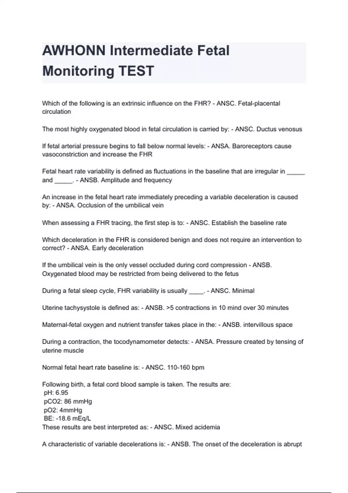 AWHONN Intermediate Fetal Monitoring TEST 2024/2025 A+ score assured ...