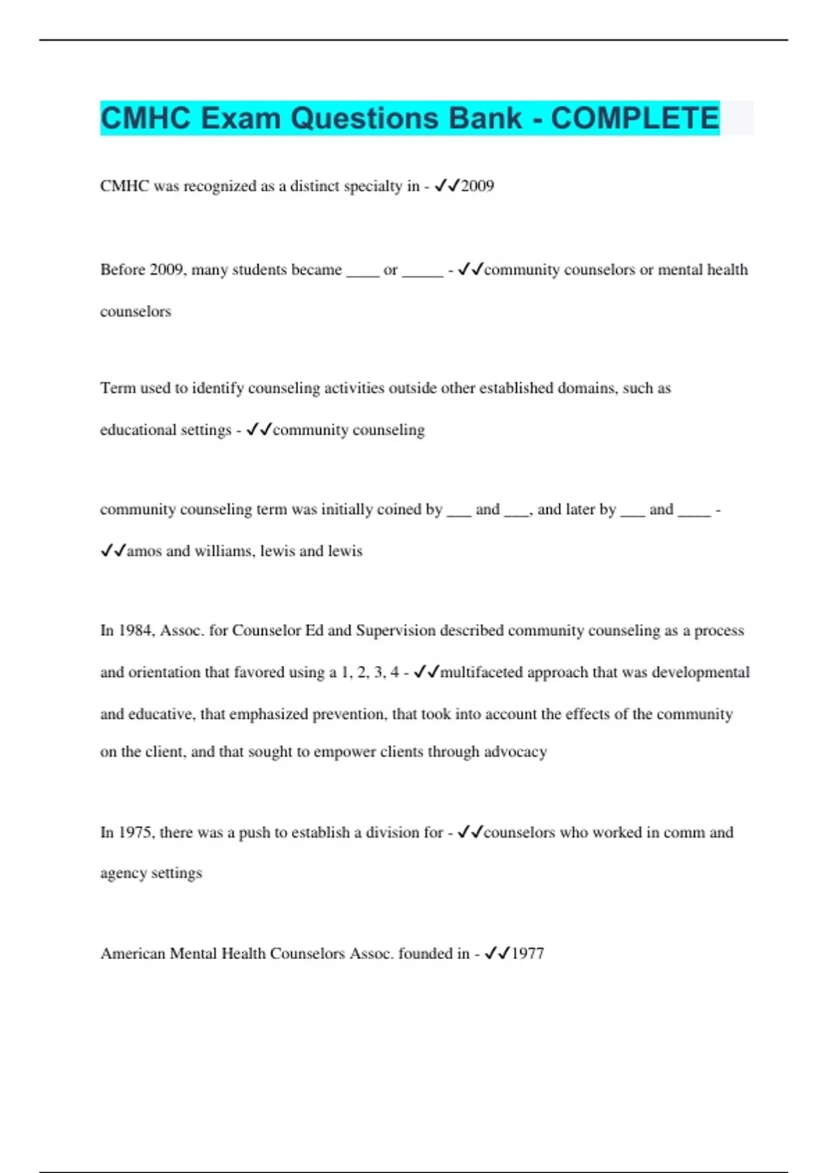 CMHC Exam Questions Bank - COMPLETE - CMHC - Stuvia US