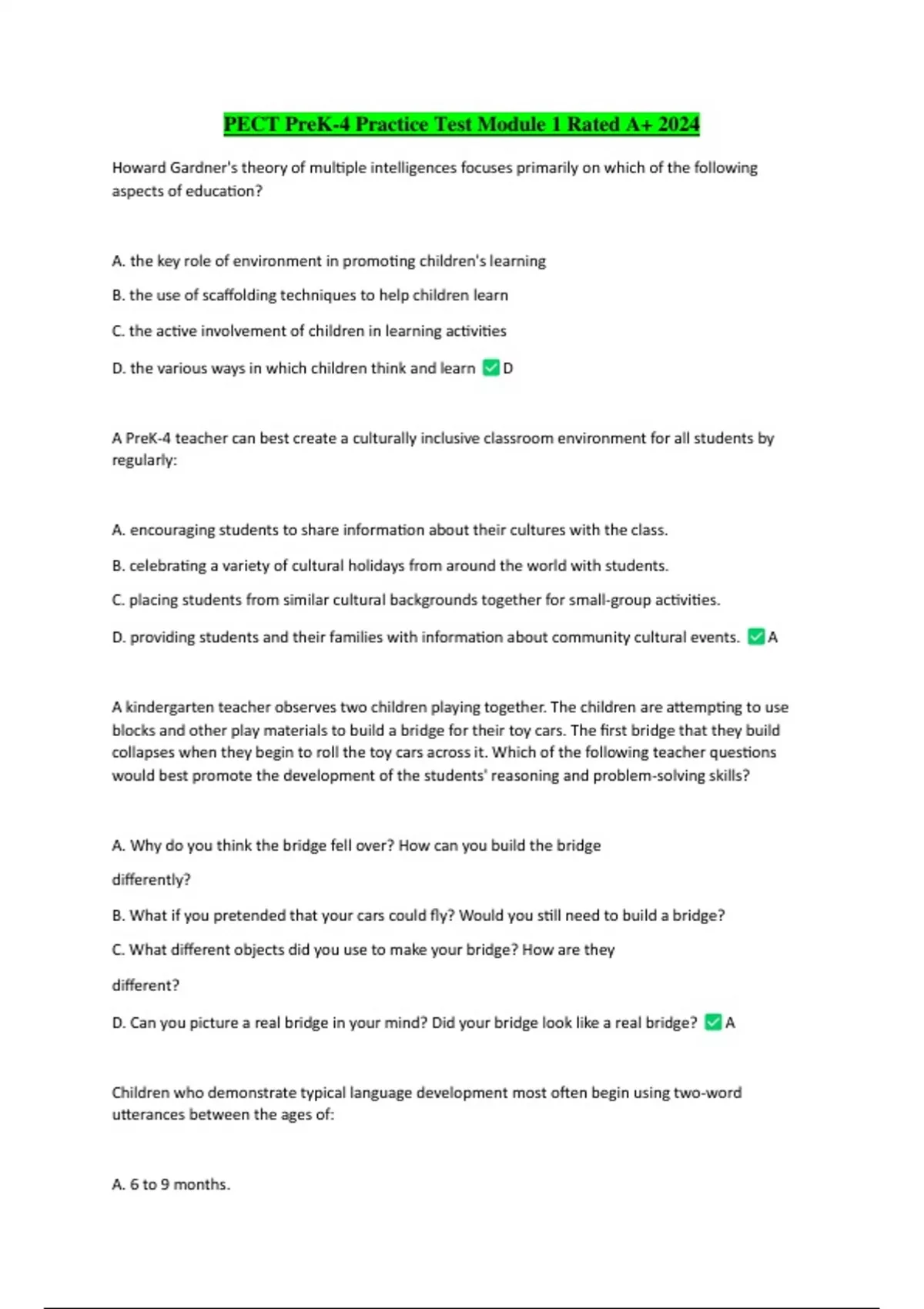 PECT PreK-4 Practice Test Module 1 Rated A+ 2024 - PECT PreK-4 Practice ...