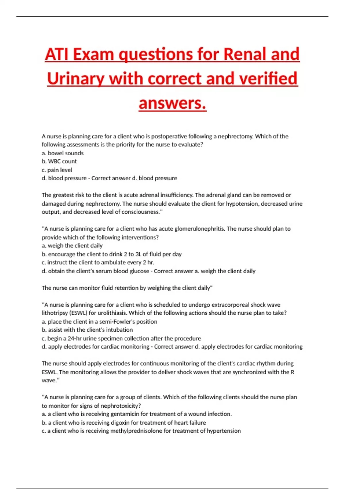 ATI Exam questions for Renal and Urinary with correct and verified ...