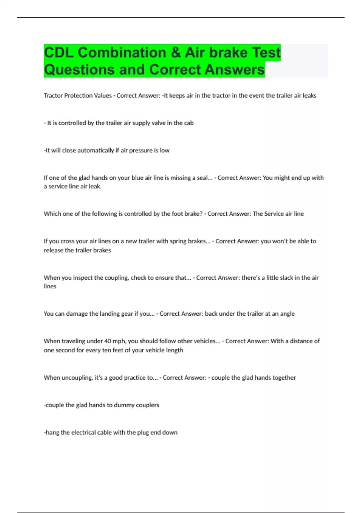 CDL Combination & Air brake Test Questions and Correct Answers Cdl