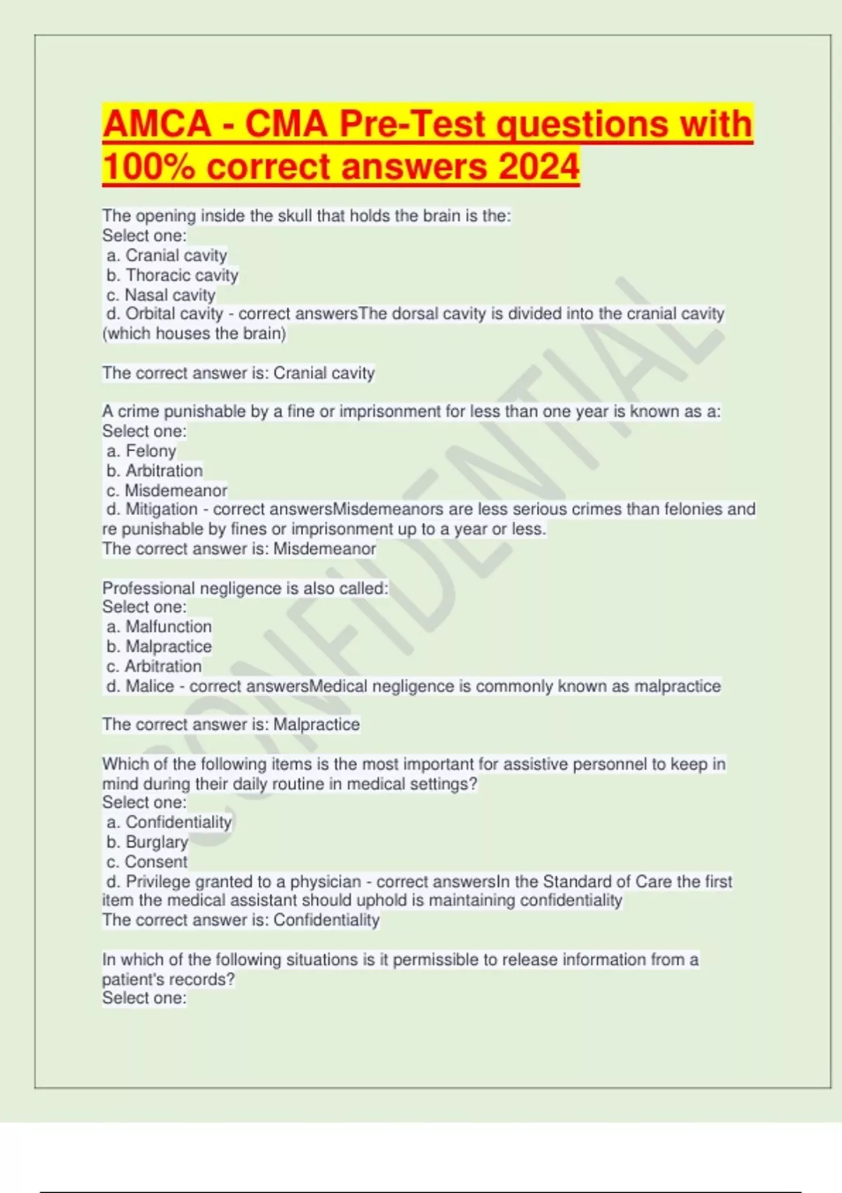 AMCA - CMA Pre-Test questions with 100% correct answers 2024 - AMCA ...