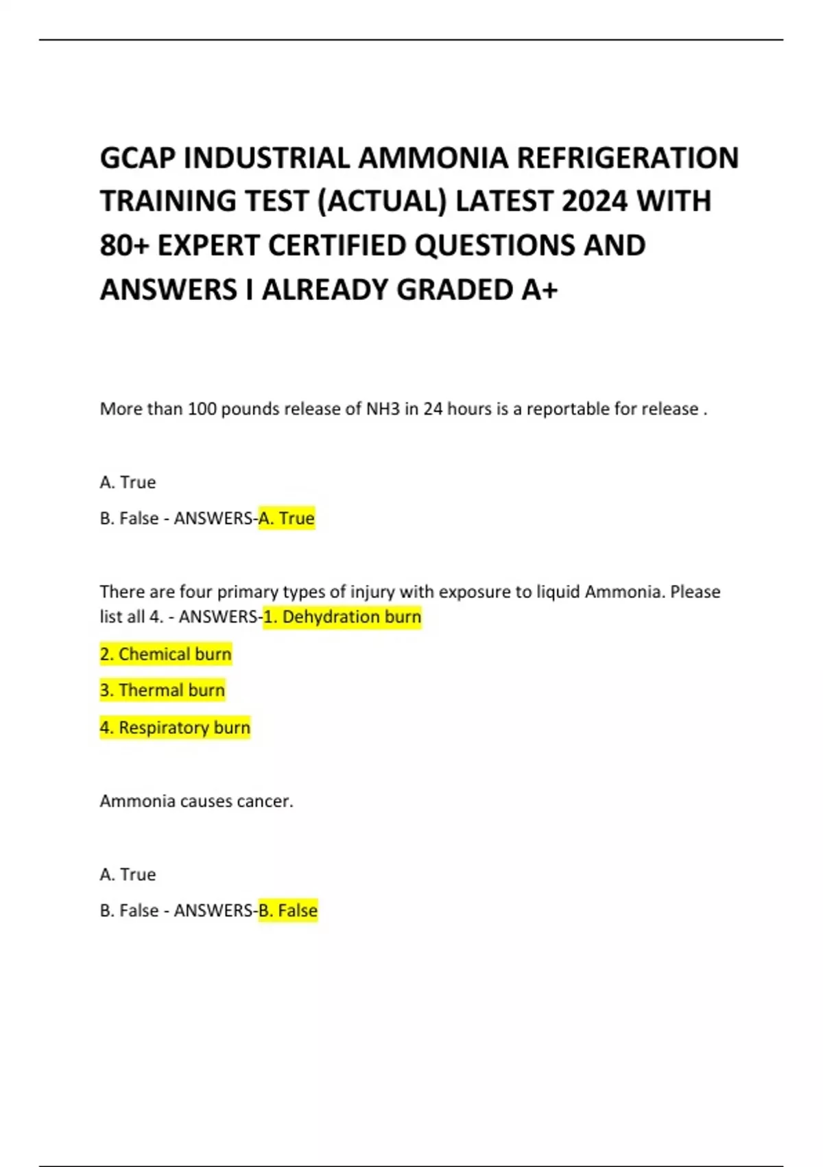 GCAP INDUSTRIAL AMMONIA REFRIGERATION TRAINING TEST (ACTUAL) LATEST