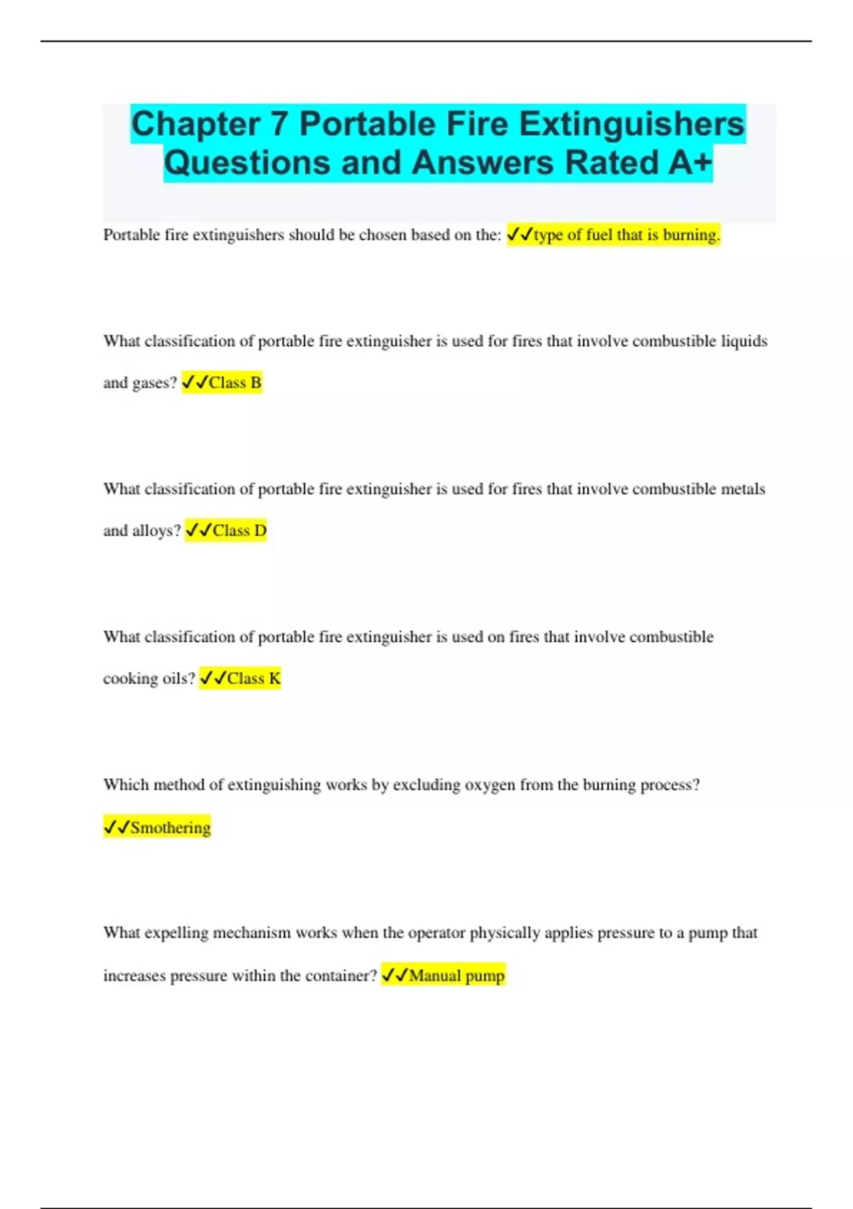 Chapter 7 Portable Fire Extinguishers Questions and Answers Rated A+ Chapter 7 Portable Fire