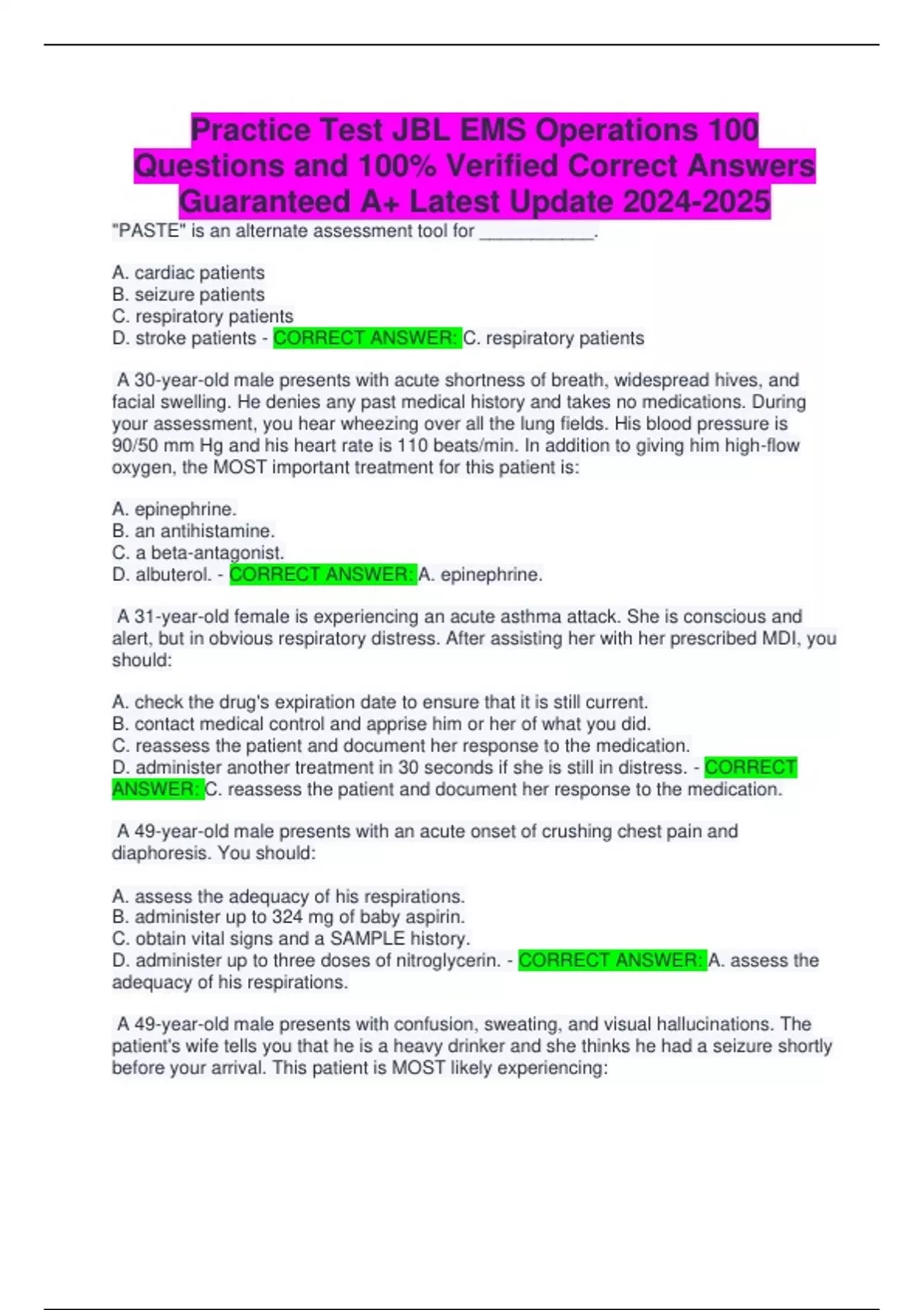 Practice Test JBL EMS Operations 100 Questions and 100% Verified ...