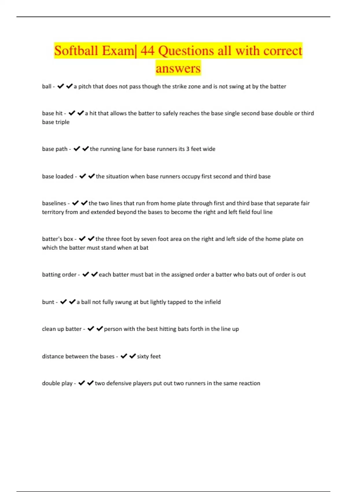 Softball Exam 44 Questions all with correct answers Softball Stuvia US
