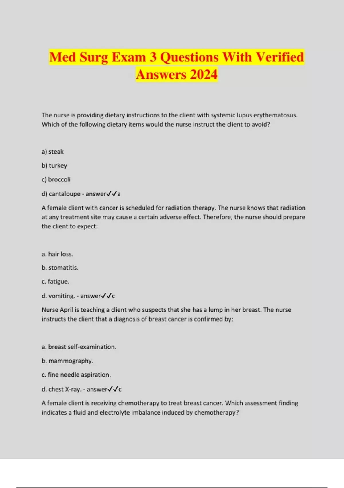 Med Surg Exam 3 Questions With Verified Answers 2024 - Nurs 242 - Stuvia US