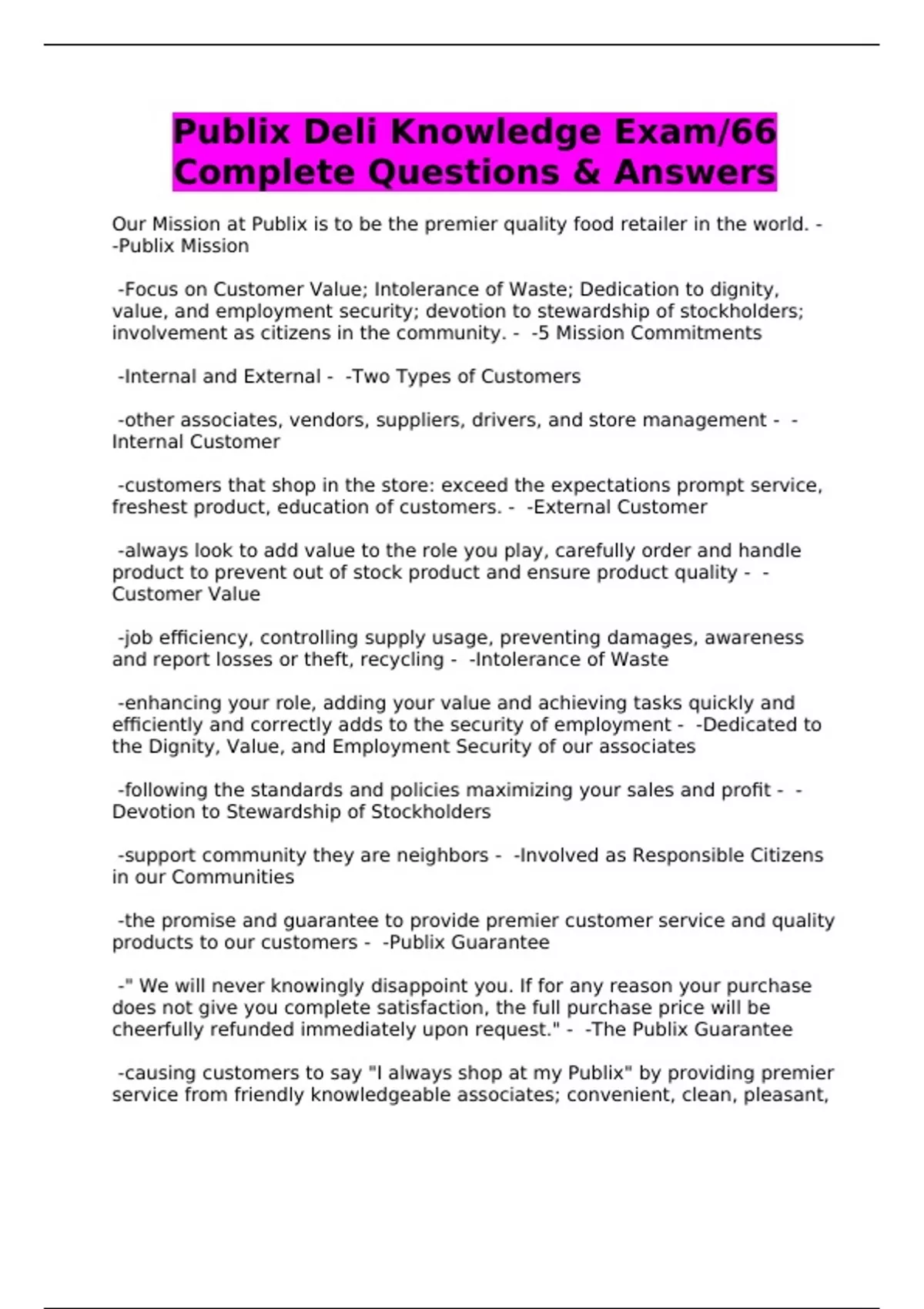 Publix Deli Knowledge Exam/66 Complete Questions & Answers Publix