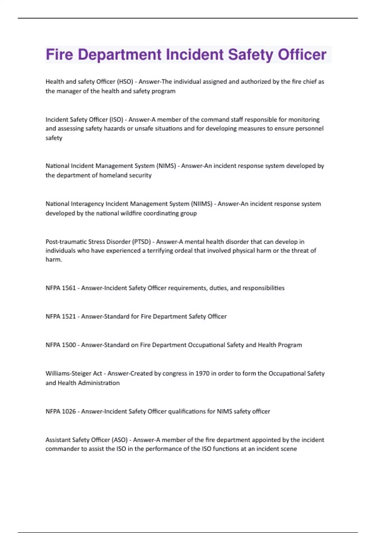 Fire Department Incident Safety Officer Questions and Answers(A+