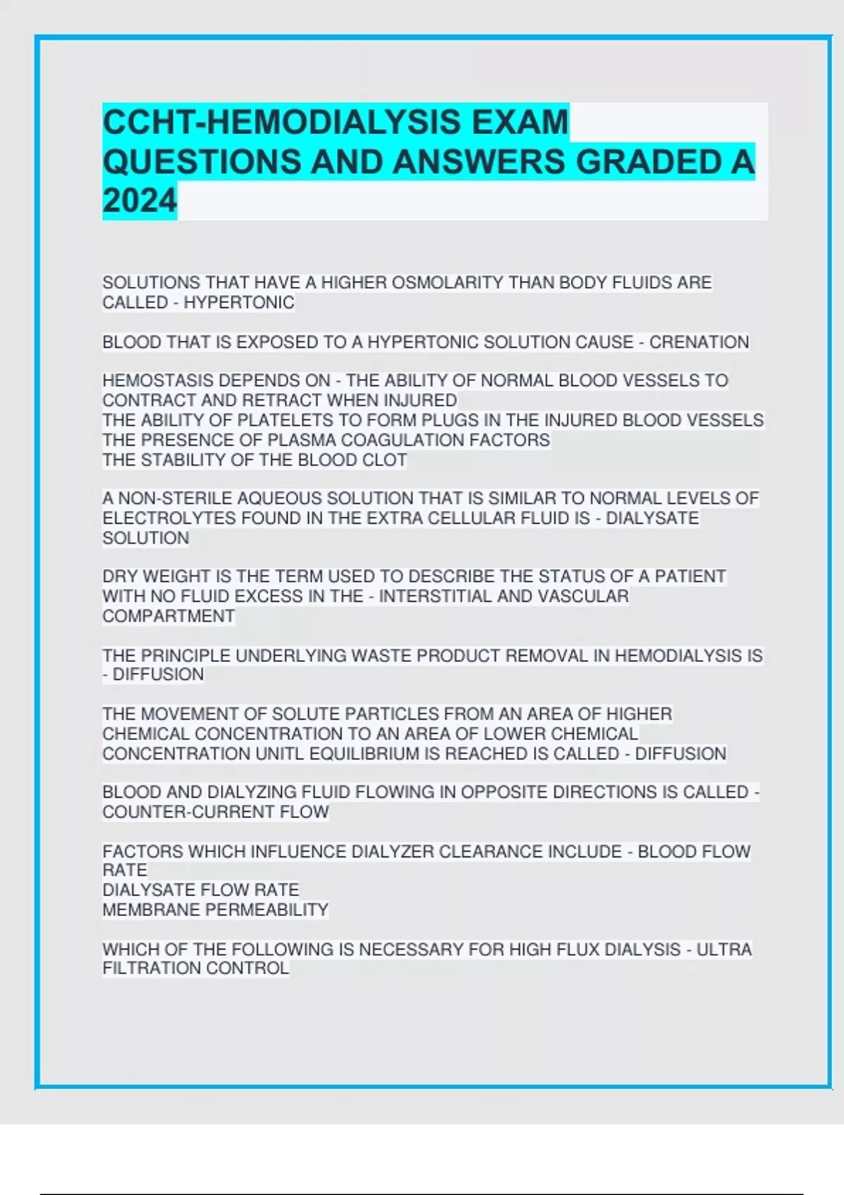 CCHTHEMODIALYSIS EXAM QUESTIONS AND ANSWERS GRADED A 2024 CCHT