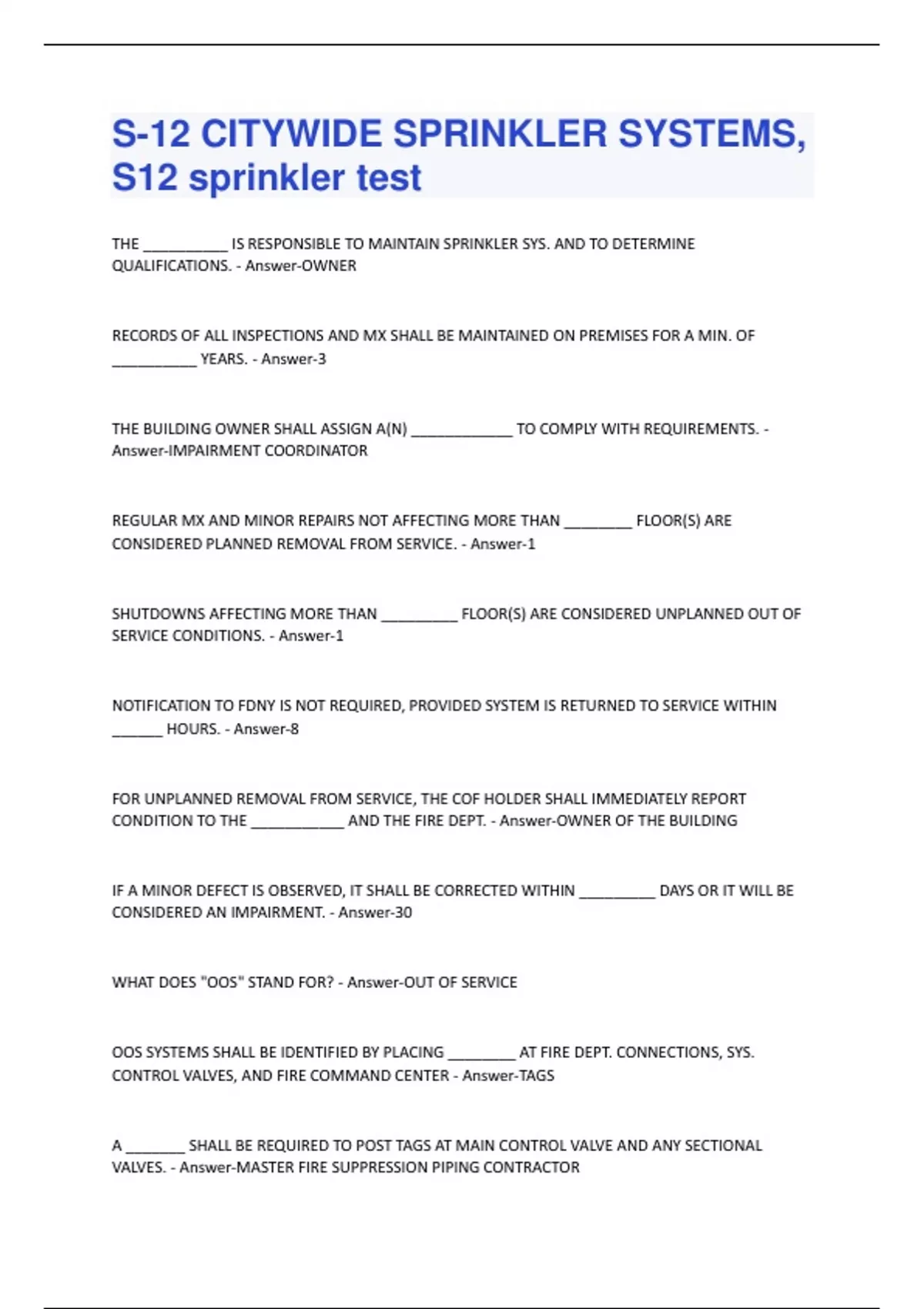 S12 CITYWIDE SPRINKLER SYSTEMS, S12 sprinkler test Questions and