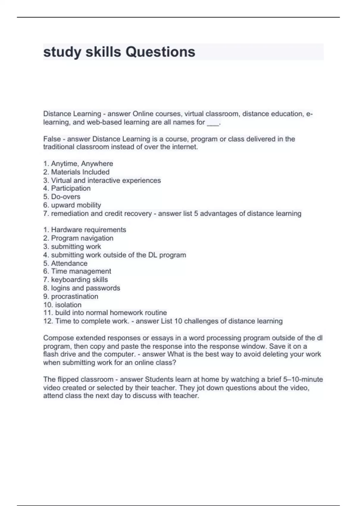 study skills Questions with solutions 2024 - Study skills - Stuvia US