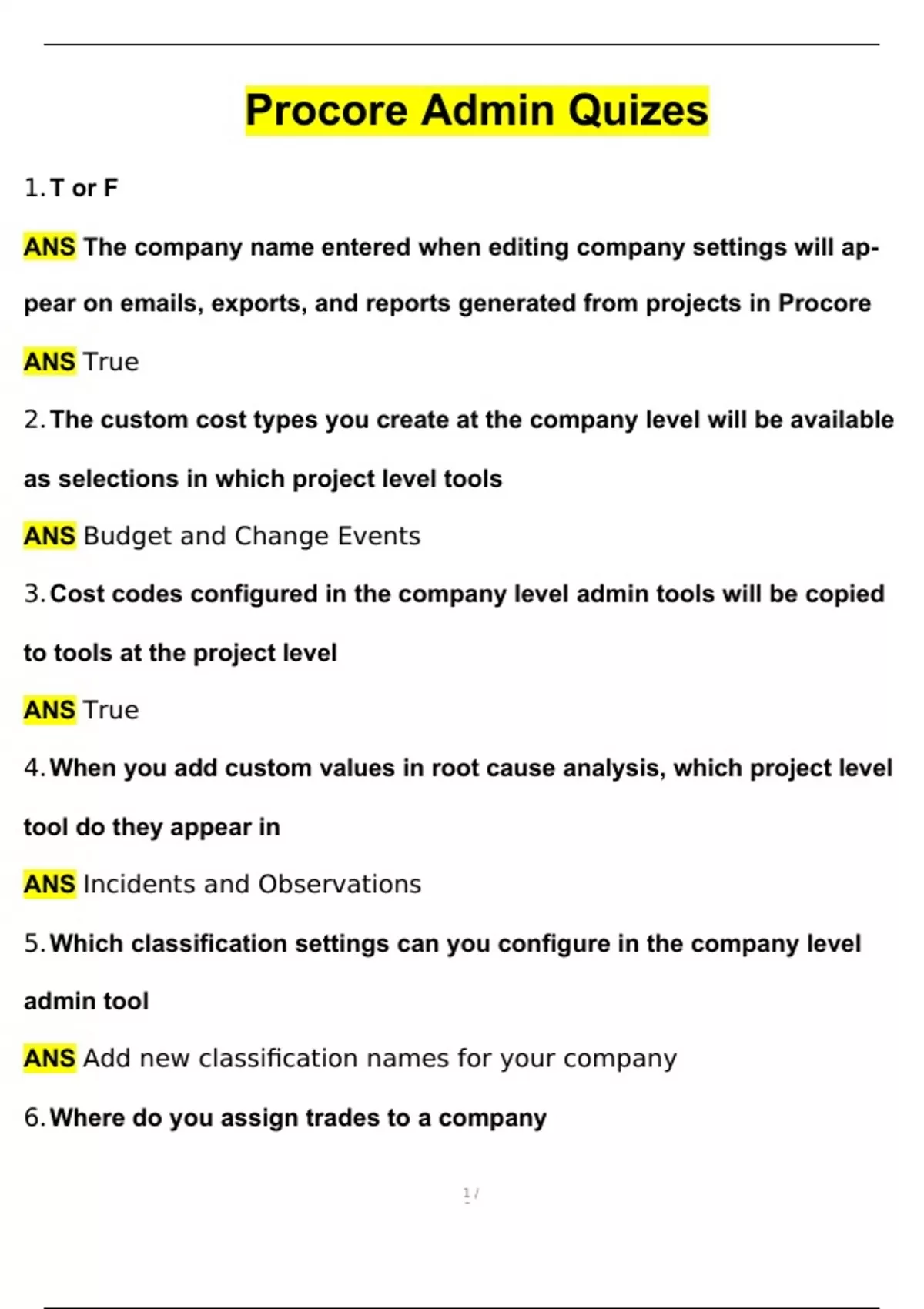 Procore Admin Quizes Exam Latest 2024 Questions & Answers | with 100% ...