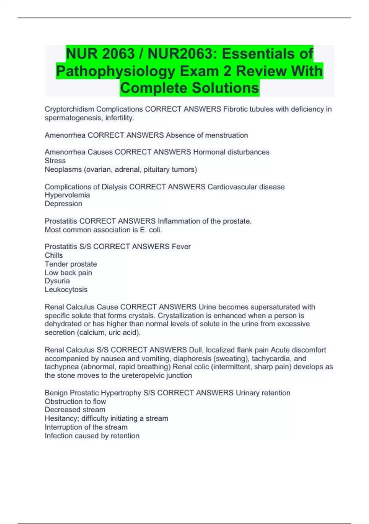 NUR 2063 / NUR2063: Essentials of Pathophysiology Exam 2 Review With ...
