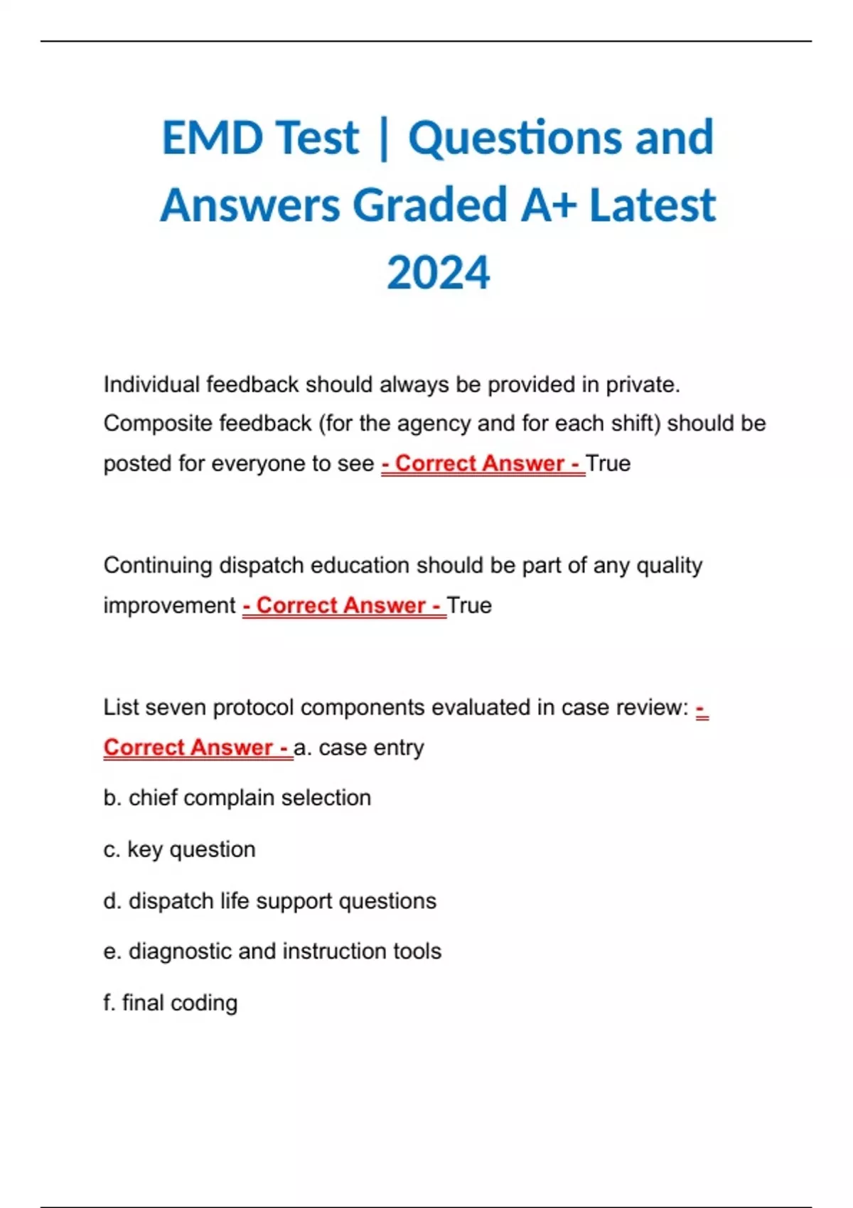EMD Test Questions and Answers Graded A+ Latest 2024 EMD Emergency Medical Dispatcher