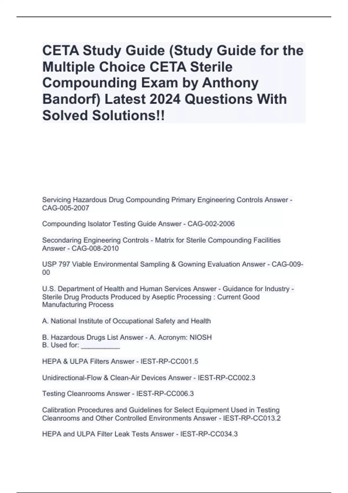 CETA STUDY GUIDE (STUDY GUIDE FOR THE MULTIPLE CHOICE CETA STERILE ...