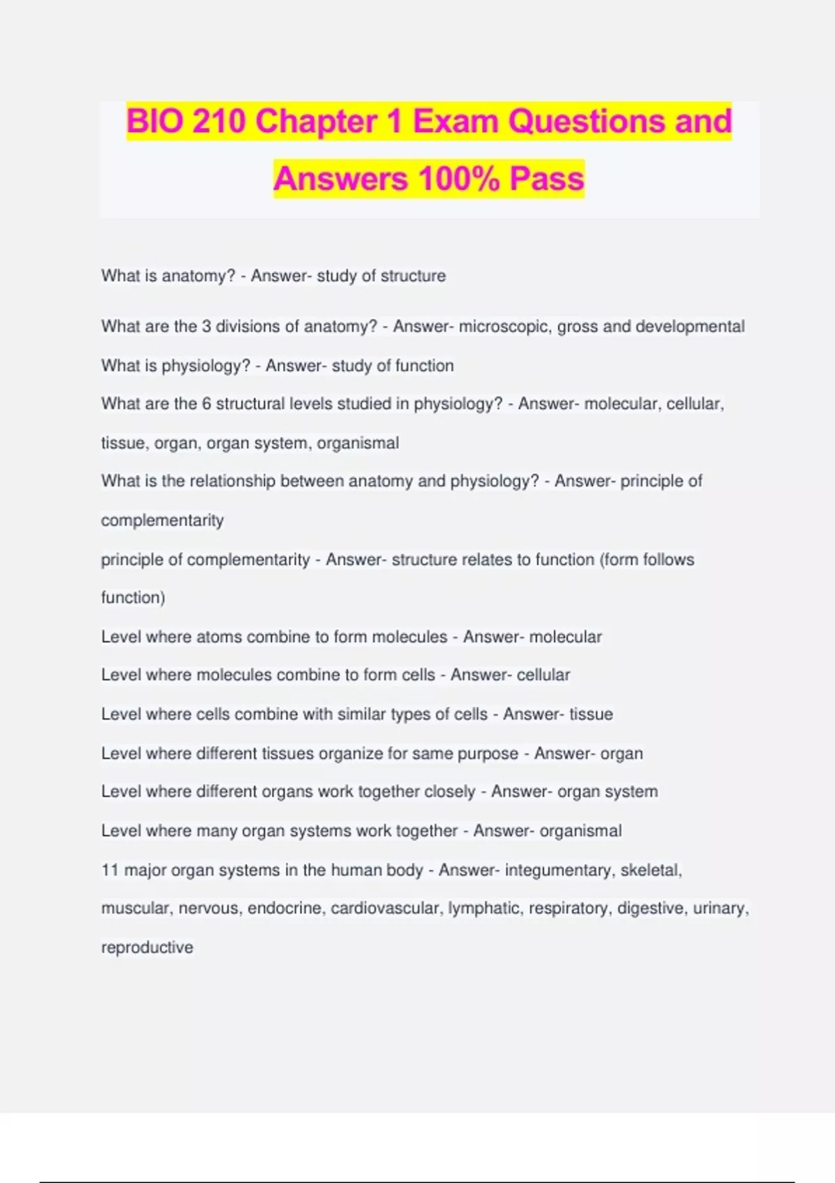BIO 210 Chapter 1 Exam Questions and Answers 100% Pass - Bio 210 ...