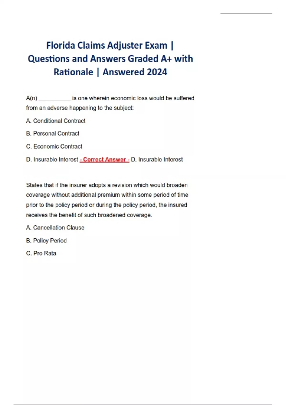 Florida Claims Adjuster Exam Questions And Answers Graded A With