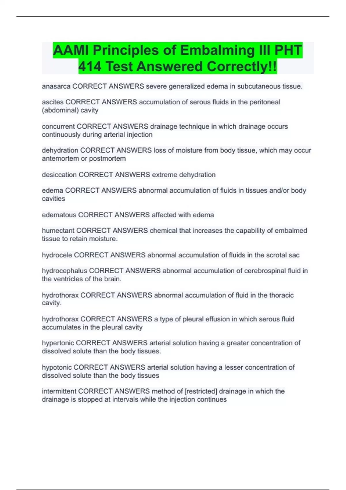 AAMI Principles of Embalming III PHT 414 Test Answered Correctly ...