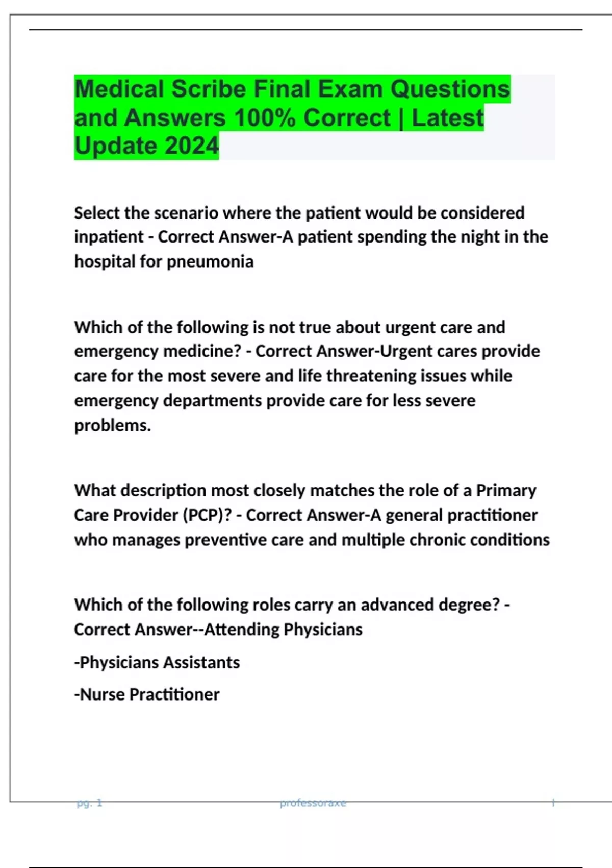 Medical Scribe Final Exam Questions and Answers 100 Correct Latest