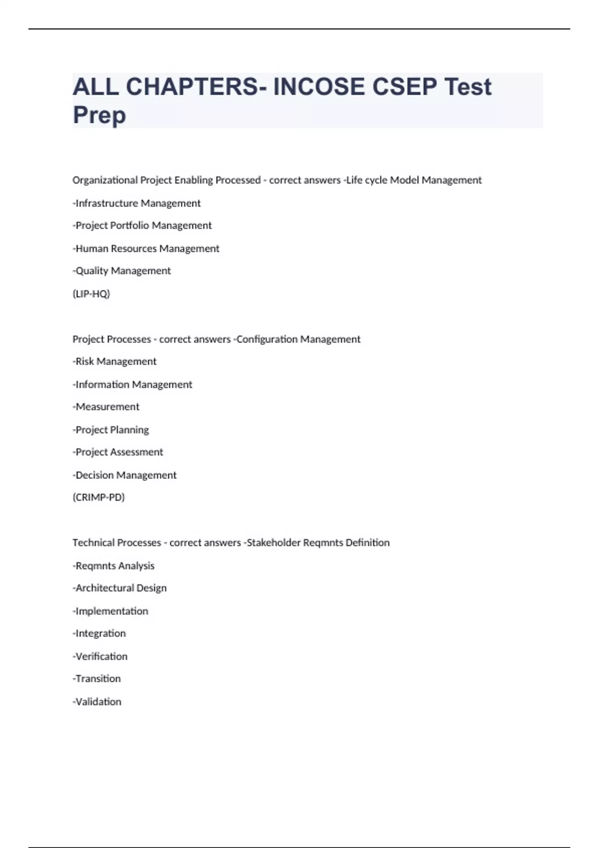 ALL CHAPTERS INCOSE CSEP Test Prep questions and answers verified 2024