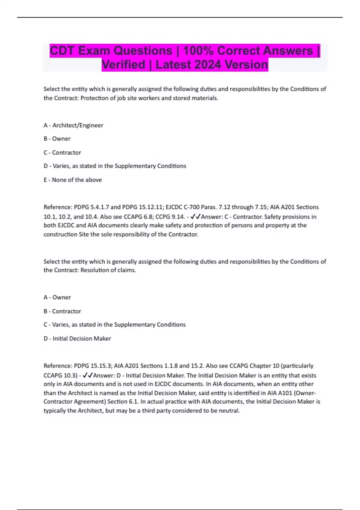 CDT Exam Questions 100 Correct Answers Verified Latest 2024