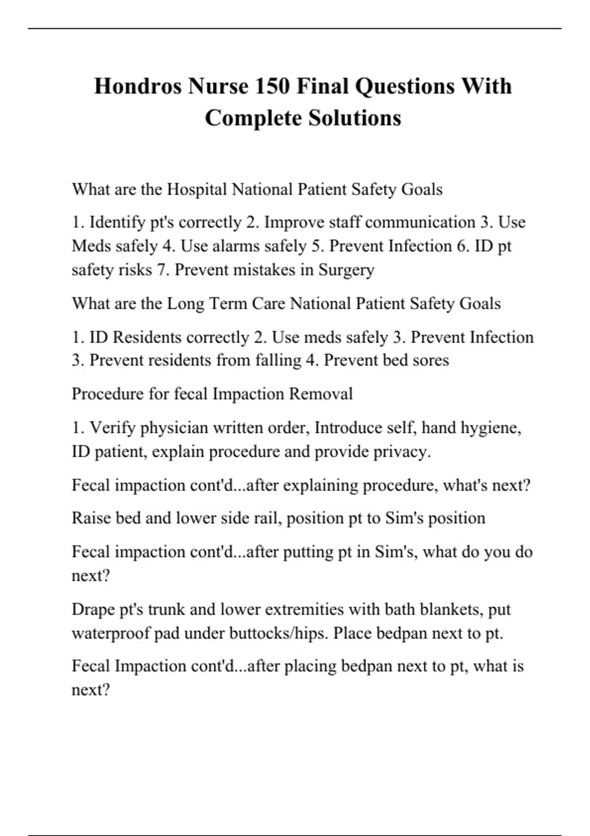 Hondros Nurse 150 Final Questions With Complete Solutions - NUR 150 ...