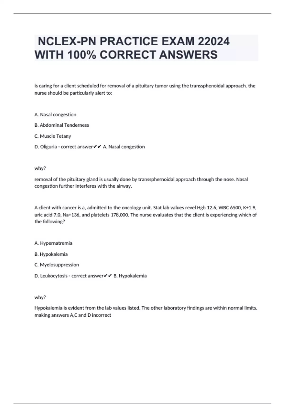 NCLEXPN PRACTICE EXAM 22024 WITH 100 CORRECT ANSWERS NCLEXPN